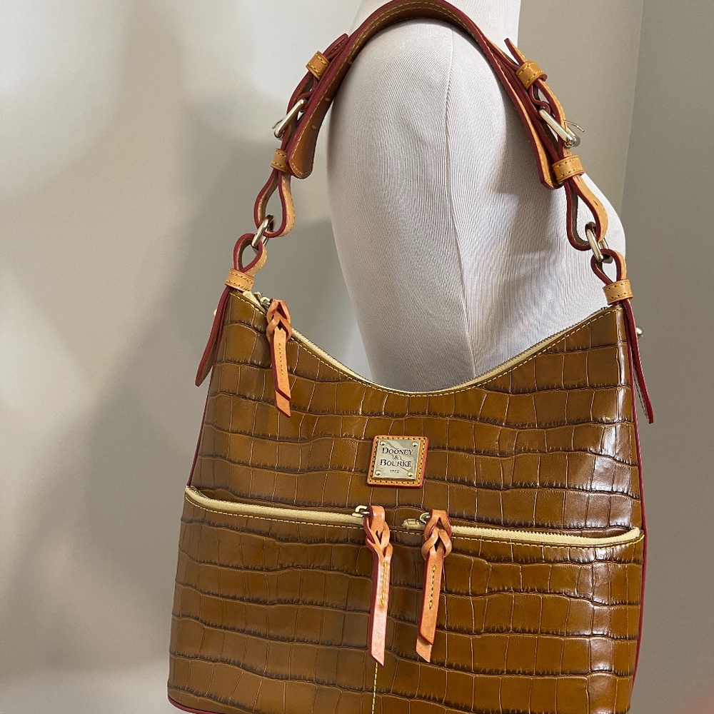 DOONEY & BOURKE Brown Tan Croc Embossed Leather Hobo Shoulder Satchel Purse Bag